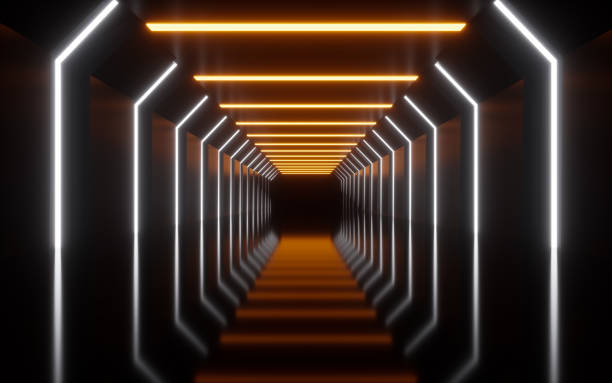 istock Glowing neon lines and tunnel, 3d rendering. 1437810581