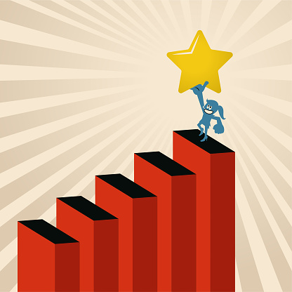 Blue Cartoon Characters Design Vector Art Illustration.
Steps to Success, A businesswoman climbing up the growing chart steps to get the star.