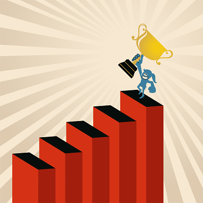 Blue Cartoon Characters Design Vector Art Illustration.
Steps to Success, A businesswoman climbing up the growing chart steps to get the trophy.