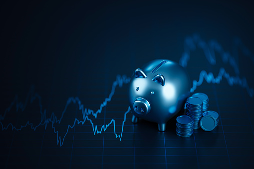Money piggy bank on banking investment stock financial business graph 3d background of economy finance coin savings profit cash currency and growth exchange trade chart deposit wallet account concept.