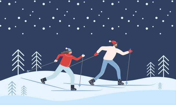 ein mann und eine frau gehen im wald langlaufen - skiing ski winter sport freestyle skiing stock-grafiken, -clipart, -cartoons und -symbole