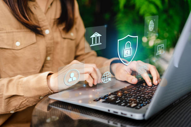 istock Young woman using smart devices with global network connection and cyber security business data protection technology 1437816652