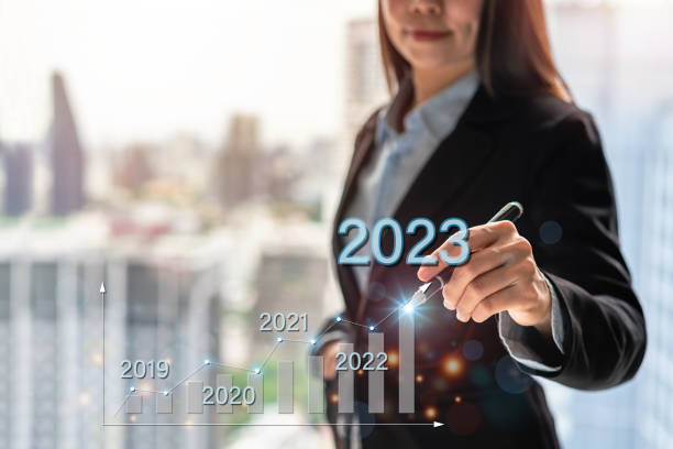 istock Businesswoman with a modern visual screen 2023 global network connection Graph analyzing financial growth and business planning concept 1437816869