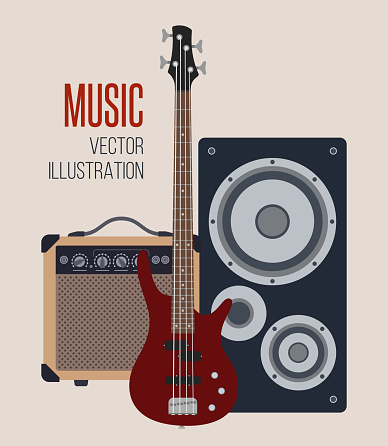 Music vector illustration design. Sound speaker, bass guitar and amplifier in flat style. Isolated color illustration.