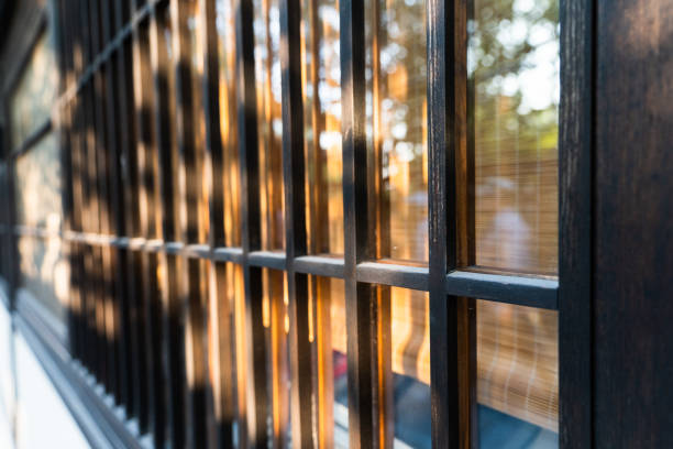 Japanese style wooden window spot sunlight wooden window stock photo