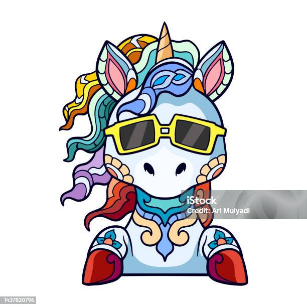 カラフルなかわいいユニコーン漫画曼荼羅芸術は、白い背景に隔離 - イラスト素材...