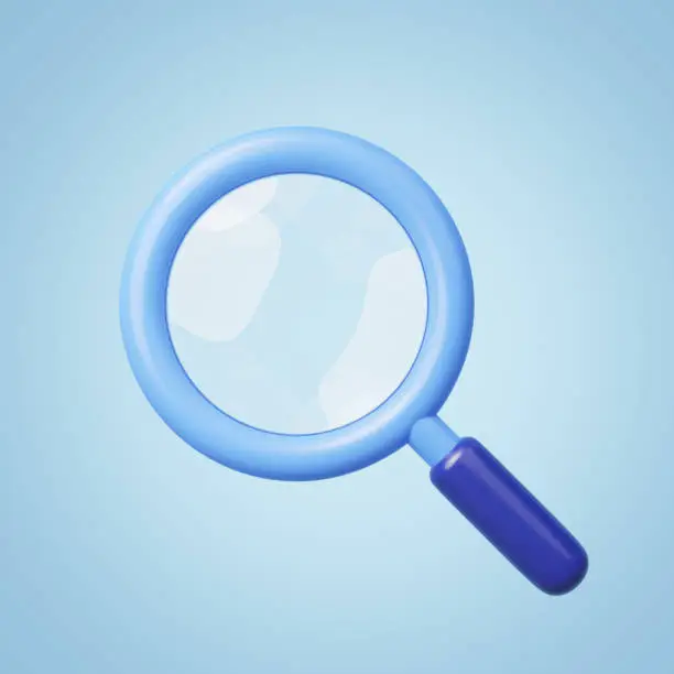 Photo of 3D icon search. Magnifying glass lens for zoom isolated on blue background. Browser search, find, discovery, research, inspection concept. Business cartoon icon minimal style. 3d render illustration.