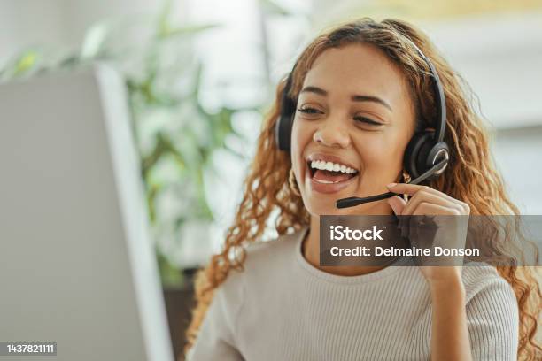 Customer Service Happy And Communication Of Woman At Call Center Pc Talking With Joyful Smile Consultant Advice And Help Desk Girl Speaking With Clients Online With Computer Headset Mic Stock Photo - Download Image Now
