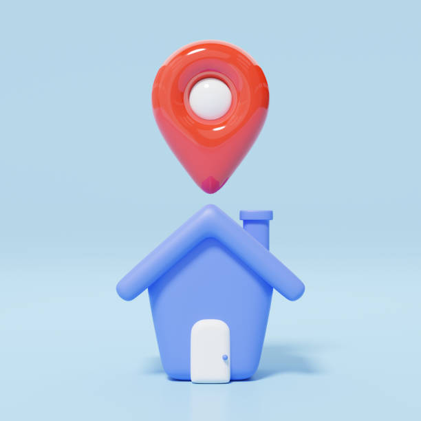 istock 3d blue house, location pin, white bubble icon. Red GPS navigator checking points floating on cute home. Business investment, real estate concept. Cartoon icon minimal style. 3d render illustration. 1437821130