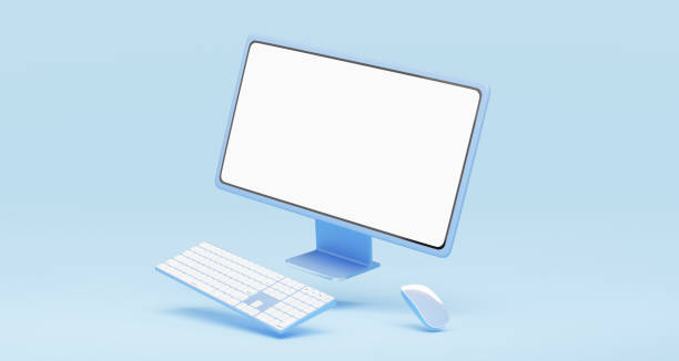 istock 3d Computer monitor, wireless mouse, keyboard float on blue background. Social media marketing online, e commerce, Website digital store, shop app concept. Desktop mockup blank white screen. 3d render 1437821134