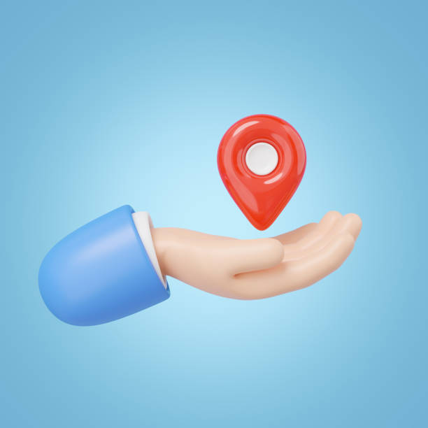 istock 3d GPS navigator icon. Hand holding red location map pin. Plastic realistic checking points floating isolated on blue background.  Investment, mortgage, loan concept. Cartoon minimal icon. 3d render. 1437821308