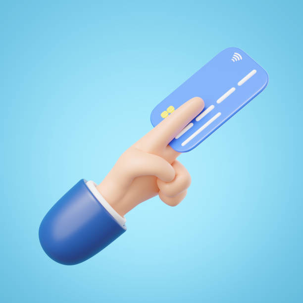 3D Hand holding Credit card and floating isolated on blue background. Online store credit card or debit cards accept. Withdraw money, Easy shopping, Cashless society concept. Cartoon minimal 3d render 3d mano sosteniendo tarjeta de crédito y flotando aislado sobre fondo azul. tarjeta de crédito o débito de la tienda en línea acepta. retirar dinero, compras fáciles, concepto de sociedad sin efectivo. renderizado 3d mínimo de dibujos animados