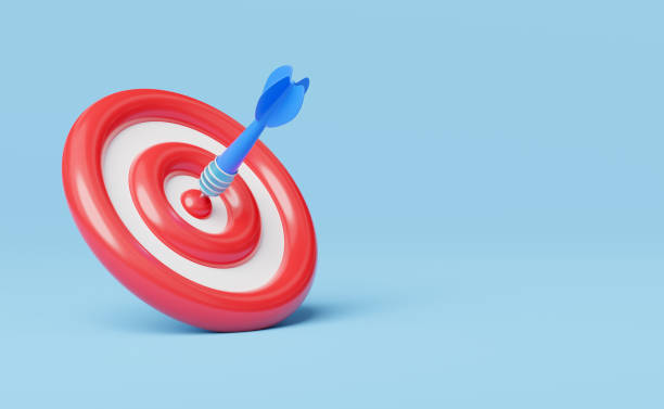 istock 3d Target landing web page. Arrows in red bullseye isolated on blue background. Business finance, Marketing goal success, target achievement concept. cartoon icon minimal. 3d render with clipping path 1437821417