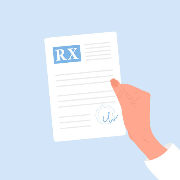 Medical prescription drugs. Female hand holding recipe for pills. Pharmacy control. Healthcare and treatment concept. Vector illustration in flat cartoon style Medical prescription drugs. Female hand holding recipe for pills. Pharmacy control. Healthcare and treatment concept. Vector illustration in flat cartoon style. giving medication stock illustrations