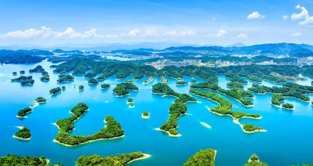Beautiful Thousand Island Lake natural scenery in summer, Hangzhou, Zhejiang Province, China. Qiandao Lake is a large freshwater lake.