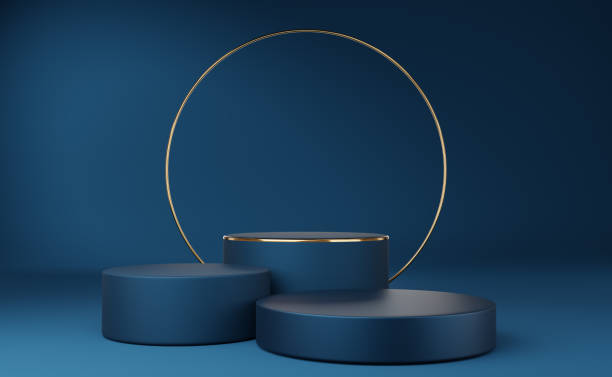 istock Empty blue cylinder podium with gold border and gold circle on blue background. Abstract minimal studio 3d geometric shape object. Mockup space for display of product design. 3d rendering. 1437824120