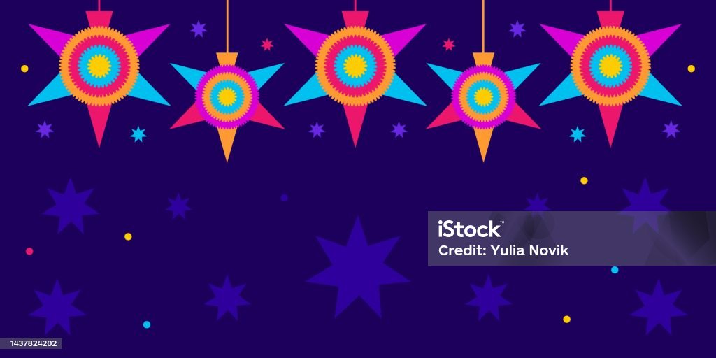 las posadas background. Vector web banner, poster, card for social media, networks with copy space. Text las posadas, pinata mexican star on blue background. Hispanic tradition, chistmas selebration. las posadas background. Vector web banner, poster, card for social media, networks with copy space. Text las posadas, pinata mexican star on blue background. Hispanic tradition, chistmas selebration Piñata stock vector