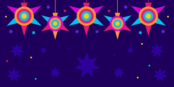 las posadas background. Vector web banner, poster, card for social media, networks with copy space. Text las posadas, pinata mexican star on blue background. Hispanic tradition, chistmas selebration. vector art illustration