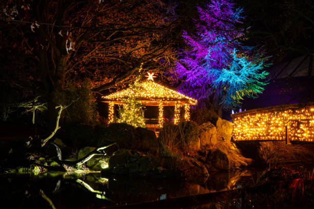 istock Garden with Christmas lights and a gazebo 1437825702