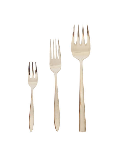 istock Vertical closeup shot of three different stainless forks isolated on a white background 1437826036