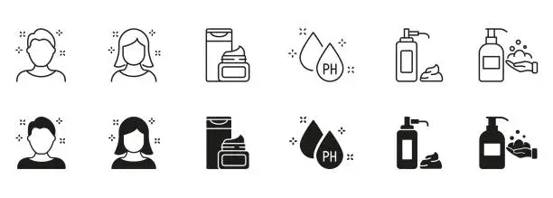 Vector illustration of Hair Beauty Care Icons. Cosmetic Bottles for Hairstyle Pictogram. Shampoo, Oil, Ph, Balsam and Shave Foam Icons. Male and Female Cosmetic Products for Hair. Isolated Vector Illustration
