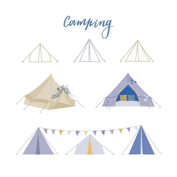 Vector illustration of Camping vector illustrations. Boho tent, line tipi for web about summer camp, nature rest.