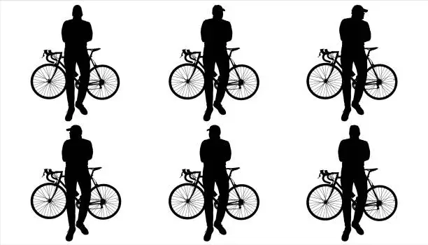 Vector illustration of A young big guy in a cap sits on a bicycle frame, his hands folded in front of him. The cyclist leaned on the bike and looks around. Bicycle: side view, Man: front view, looking at the camera.