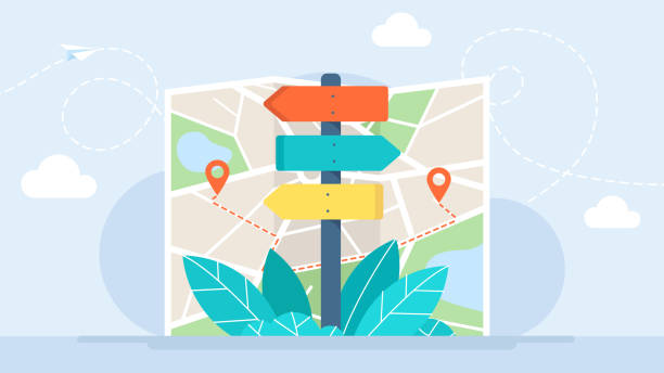 wegweiser mit pfeil auf dem hintergrund der karte. wählen sie wegweiser, um straße oder straße zu wählen, leeres schild zeiger mit holzpfahlschablone. schild. flache vektordarstellung - fremdenführer stock-grafiken, -clipart, -cartoons und -symbole