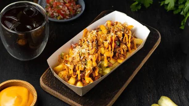 carne asada french fries on cardboard plate take away concept