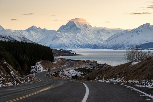 Road leading to Mt Cook at sunrise, South Island.