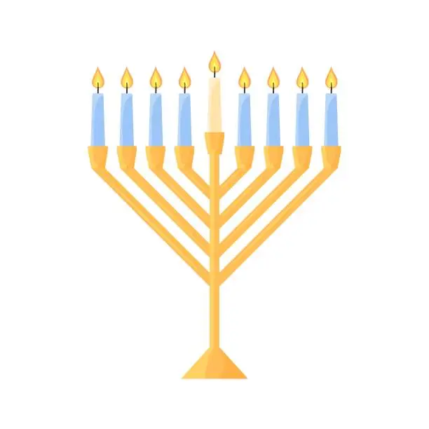 Vector illustration of Hanukkah menorah isolated. Traditional Jewish chanukiah candle holder with nine candles on white background. Flat vector illustration