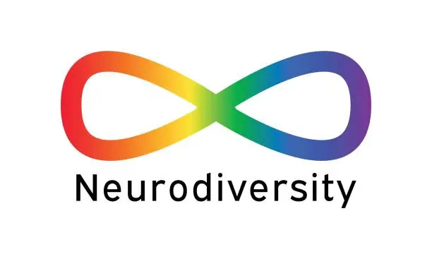Vector illustration of Neurodiversity symbol icon - vector rainbow gradient infinity sign. Text Neurodiversity - clip art for poster, banner, greeting card design