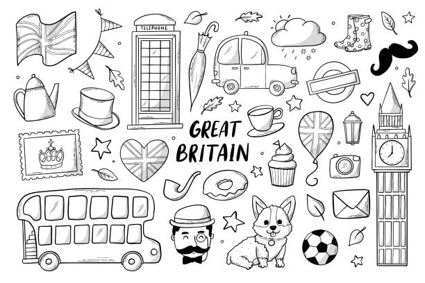 monochrome hand drawn Britain and London doodles, cartoon clipart Great Britain and London set of sketched doodles, clipart. Good for scrapbooking, stationary, stickers, coloring pages, cards, etc. EPS 10 double decker bus stock illustrations