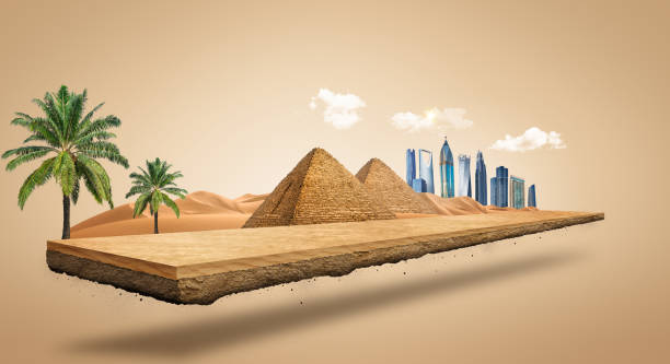 3d illustration of Safari and travel. Sahara desert at sunrise, tropical land off-road isolated. creative travel and tourism off-road ads design with palm trees. 3d illustration of Safari and travel. Sahara desert at sunrise, tropical land off-road isolated. creative travel and tourism off-road ads design with palm trees. egypt skyline stock pictures, royalty-free photos & images