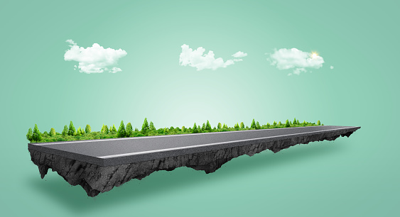 Country road and green trees in summer. 3d illustration of a piece of green land isolated, creative travel and tourism off-road design trees.