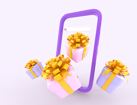 3D Smartphone with gift boxes flying out of screen. Shopping sale promotion, consumers app. Fortune, bonus for store clients, mobile phone with presents. Cartoon 3d render, web banner