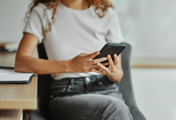istock Business communication, smartphone and office woman hands for b2b chat, networking with client and reading email update on mobile app. Entrepreneurship, social network and internet girl using phone 1437832733