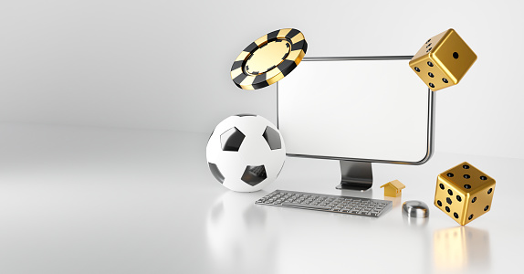 Gambling casino game laptop computer. Gold VIP 3D render of poker chip falling isolated on white background with soccer ball.  Lucky money sport. Lottery winner concept.