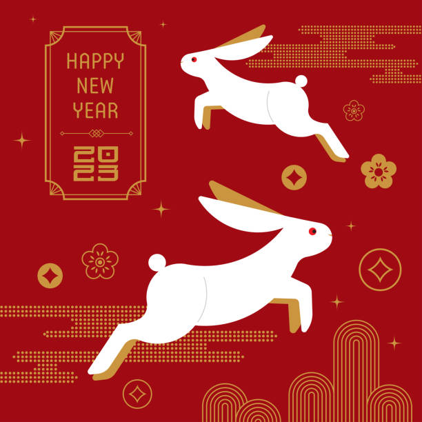 New Year 2023, year of the rabbit Rabbit, New Year, 2023, year of the rabbit, zodiac, chinese zodiac sign, rabbit papercut, typography chinese new year stock illustrations