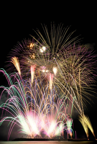 istock Fireworks launched from the sea embankment 1437833986