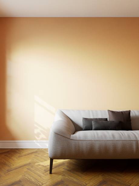 istock Empty interior mockup with sofa and wall. Gray sofa in the interior, with free space on the wall. 3d rendering 1437834002