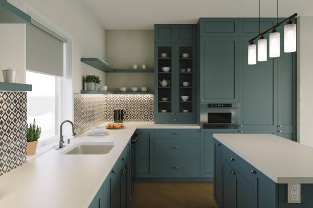 istock Green kitchen with an island. 3D rendering of a kitchen with tall cabinets and kitchen utensils. 1437834177