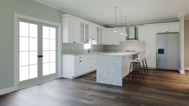 istock 3d rendering of an interior with a white kitchen. The interior is in pastel light colors. New house. 1437834181