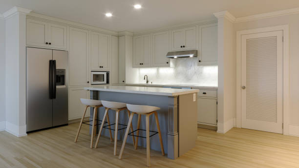 istock 3d rendering of an interior with a white kitchen. The interior is in pastel light colors. New house. 1437834182