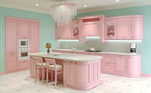 Pink stylish kitchen with an island. Large chandelier over the island. 3D rendering.