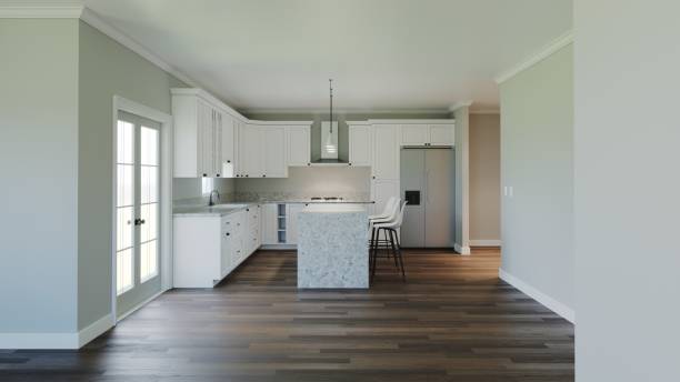 istock 3d rendering of an interior with a white kitchen. The interior is in pastel light colors. New house. 1437834190