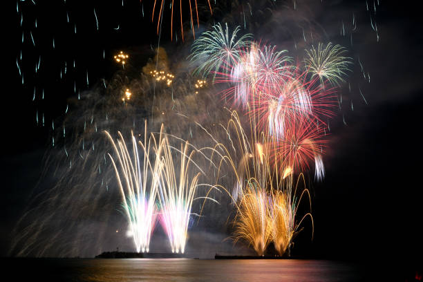 istock Fireworks launched from the sea embankment 1437834318