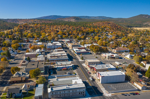 Susanville, Californ, United States – November 04, 2020: The Main Street of the city of Susanville as it borders national forest land.