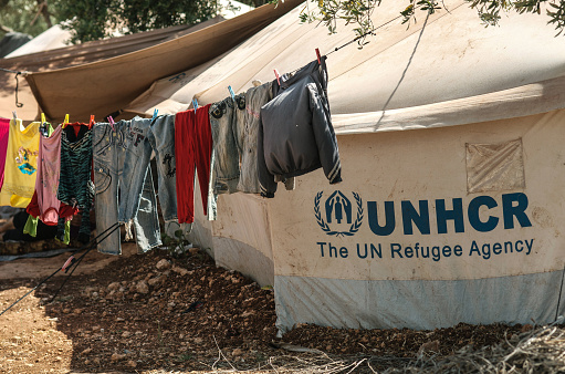 Atmeh, Syria – June 17, 2013: Atmeh Refugee Camp, Idlib, Syria. June 17th 2013. 
UNHCR tent for a Syrian refugee family
Atmeh refugee camp, Idlib province Syria