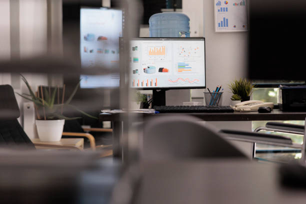 istock Statistical analysis company with financial growth charts on desktop 1437837485